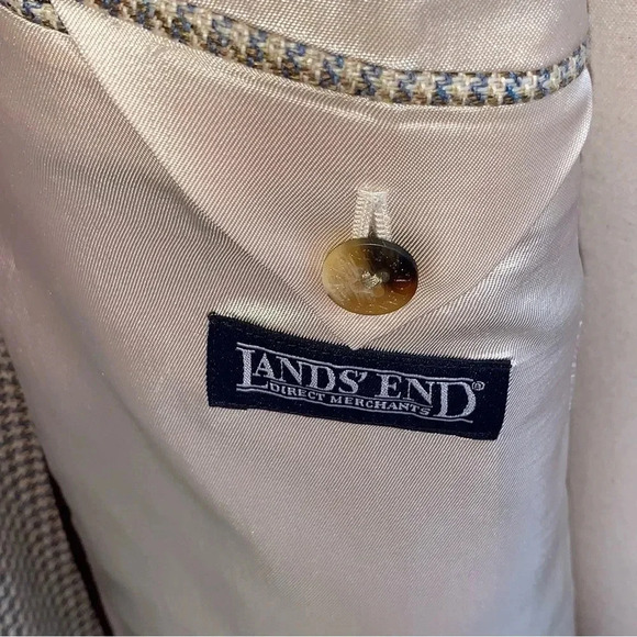 LANDS END Houndstooth Blazer Wool Silk Linen Blend Mens 46L Sport Coat Jacket - Picture 10 of 14